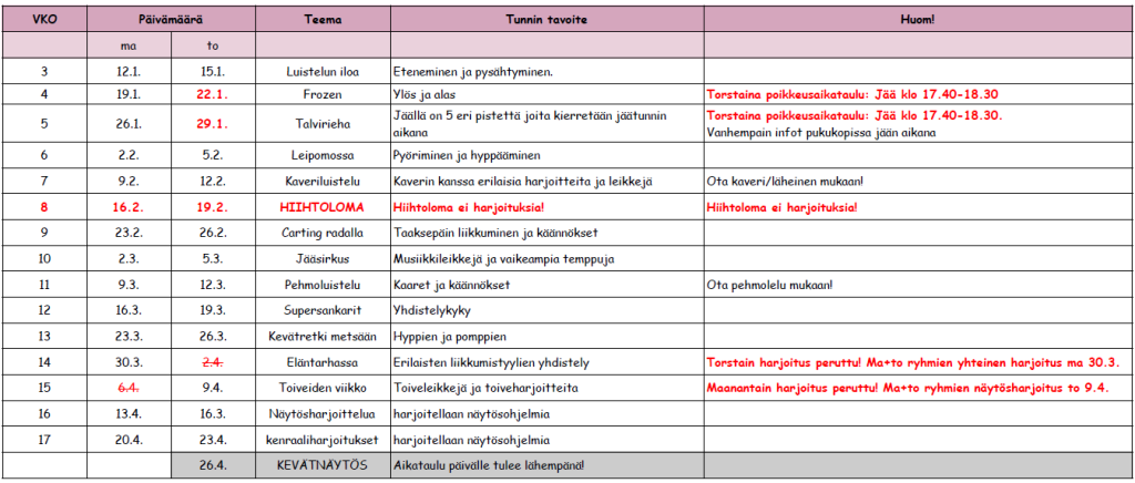 Luistelukoulun kevään teemakalenteri